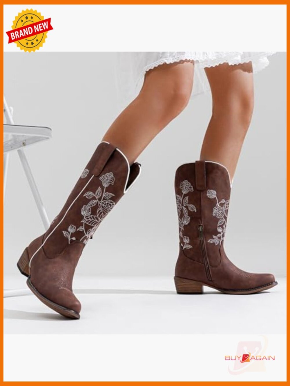 Western Cowboy Boots Mid Calf Embroidery Flower Low Heel Side Zipper Riding - Picture 2 of 7